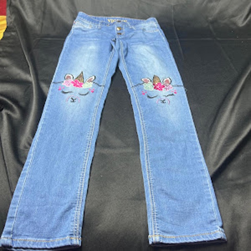 Vigoss Girls Llama Unicorn Embroidered Light Wash Jeans Straight Leg Size 12